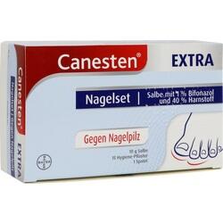 Verpackung eines Nagelsets gegen Nagelpilz mit Salbe und Pflastern.